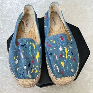 Soludos Anthropologie Slip on Denim Blue Espadrilles paint splatter sz 8.5